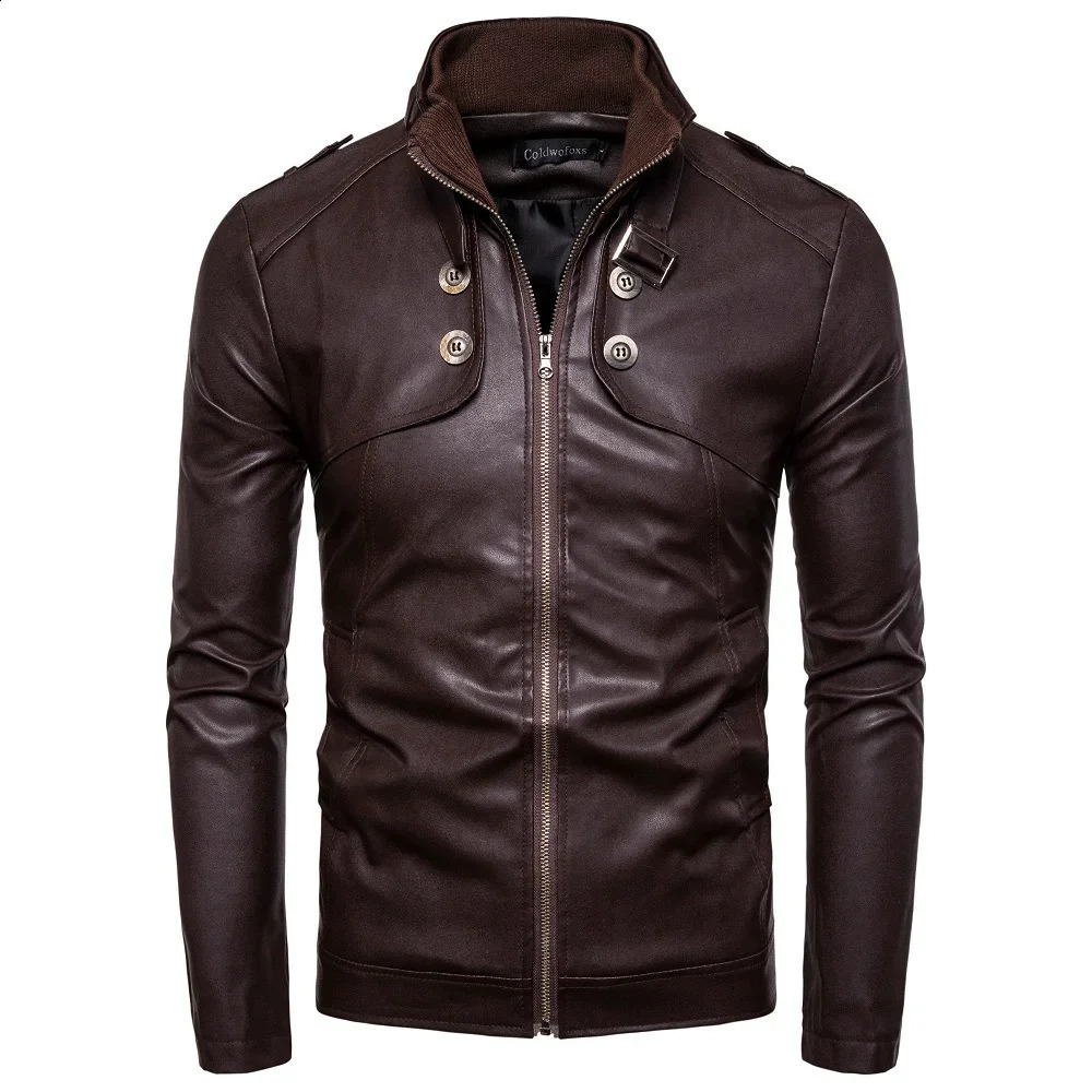 Autumn Mens Casual Fashion Standing Neck Slim Fit PU Leather Jacket Solid Leather Jacket Mens Windproof Motorcycle 240814