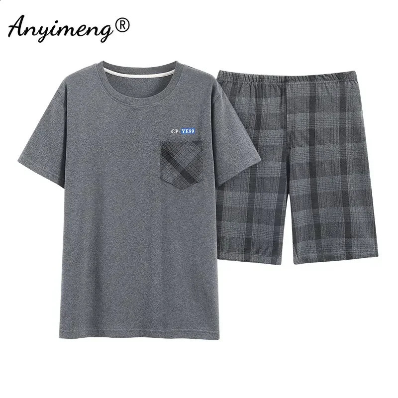 Mens L-5XL Summer Cotton Homesuit Fashion Elegant Plaid Pants Shorts Pajamas Set for Man Leisure Sleepwear Boys Pullover Pijamas 240814