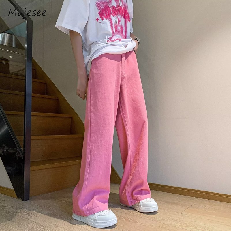 Pink Jeans Men Summer Vintage Simple Solid Color All-match Baggy Wide Leg Trouser Cozy High Street Harajuku Korean Style Clothes 240814