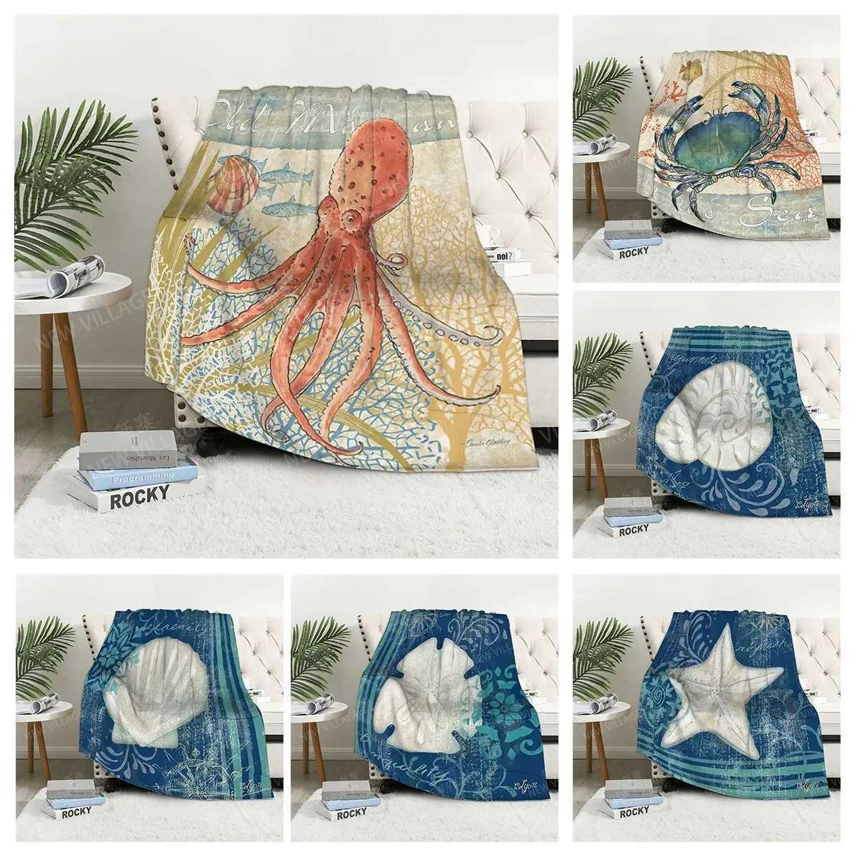 Knee blanket plaid sofa warm winter bedspread blanket decoration underwater world style warm wool Nordic plants soft and hairy Y240815
