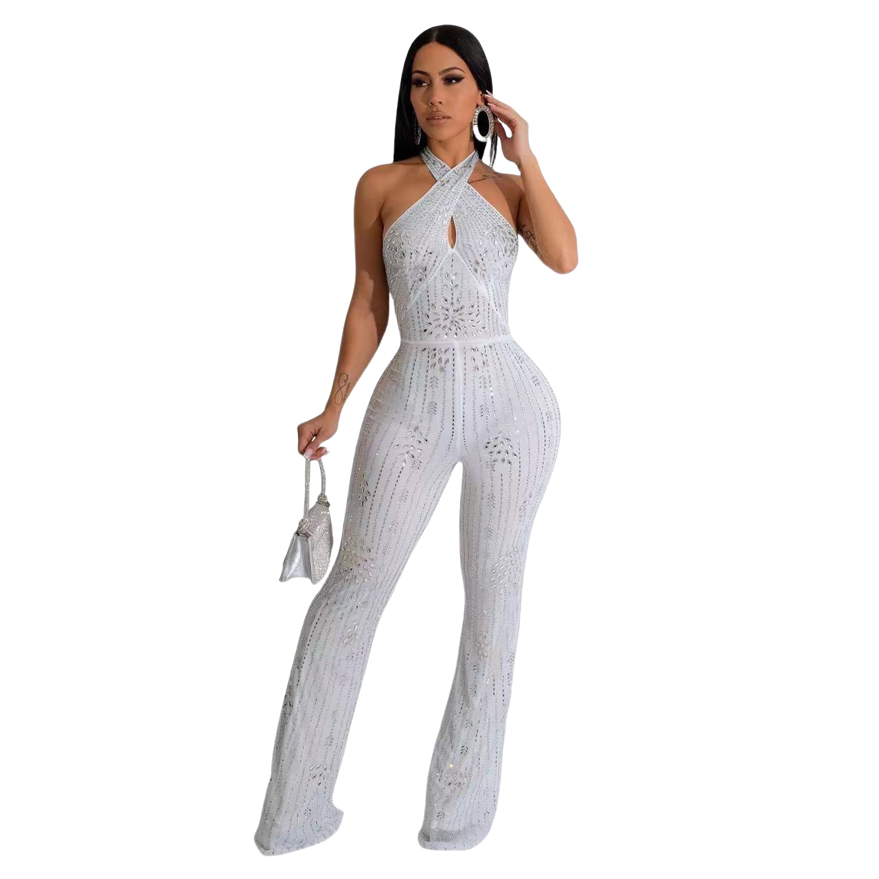 Sexy Plus Size Hang Neck Jumpsuit African Women Prom Dresses Elastic Tulle Sexy Backless Evening Gowns Women Ruched Formal Dress Sequined Beaded Gala 