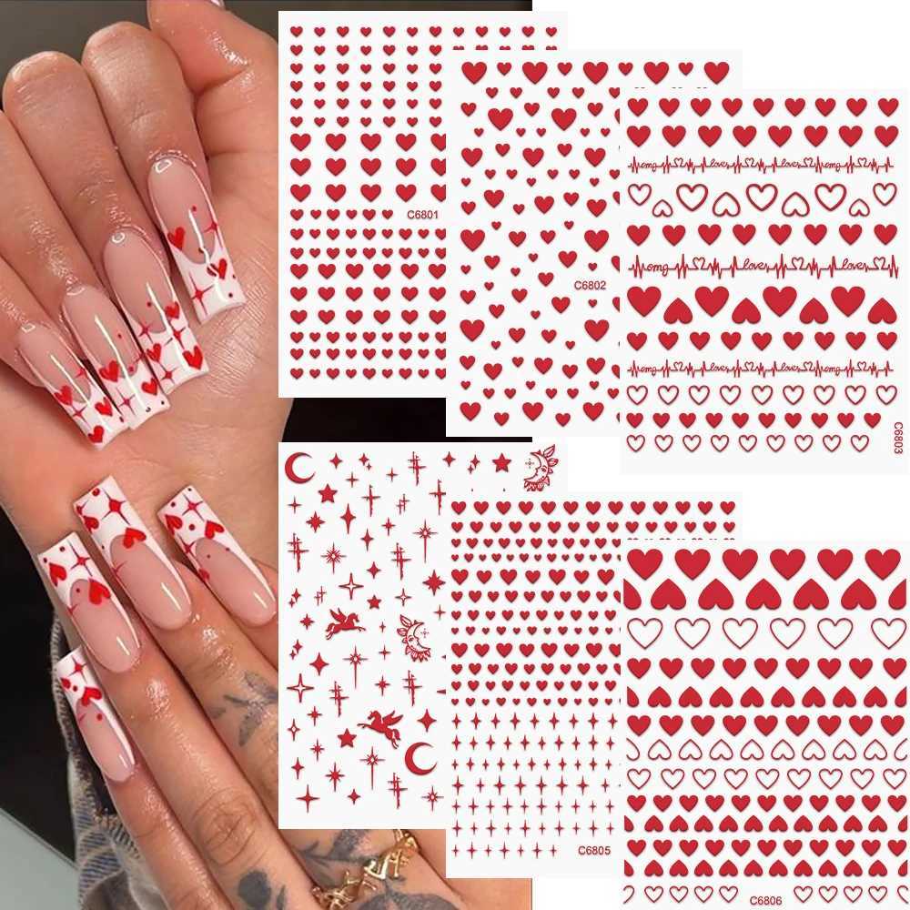 6/4Pcs Black White Love Heart 3D Nail Stickers Cute Self Adhesive Bronzing Star Moon Slider Valentine Decals Manicure DecorationXJ240814
