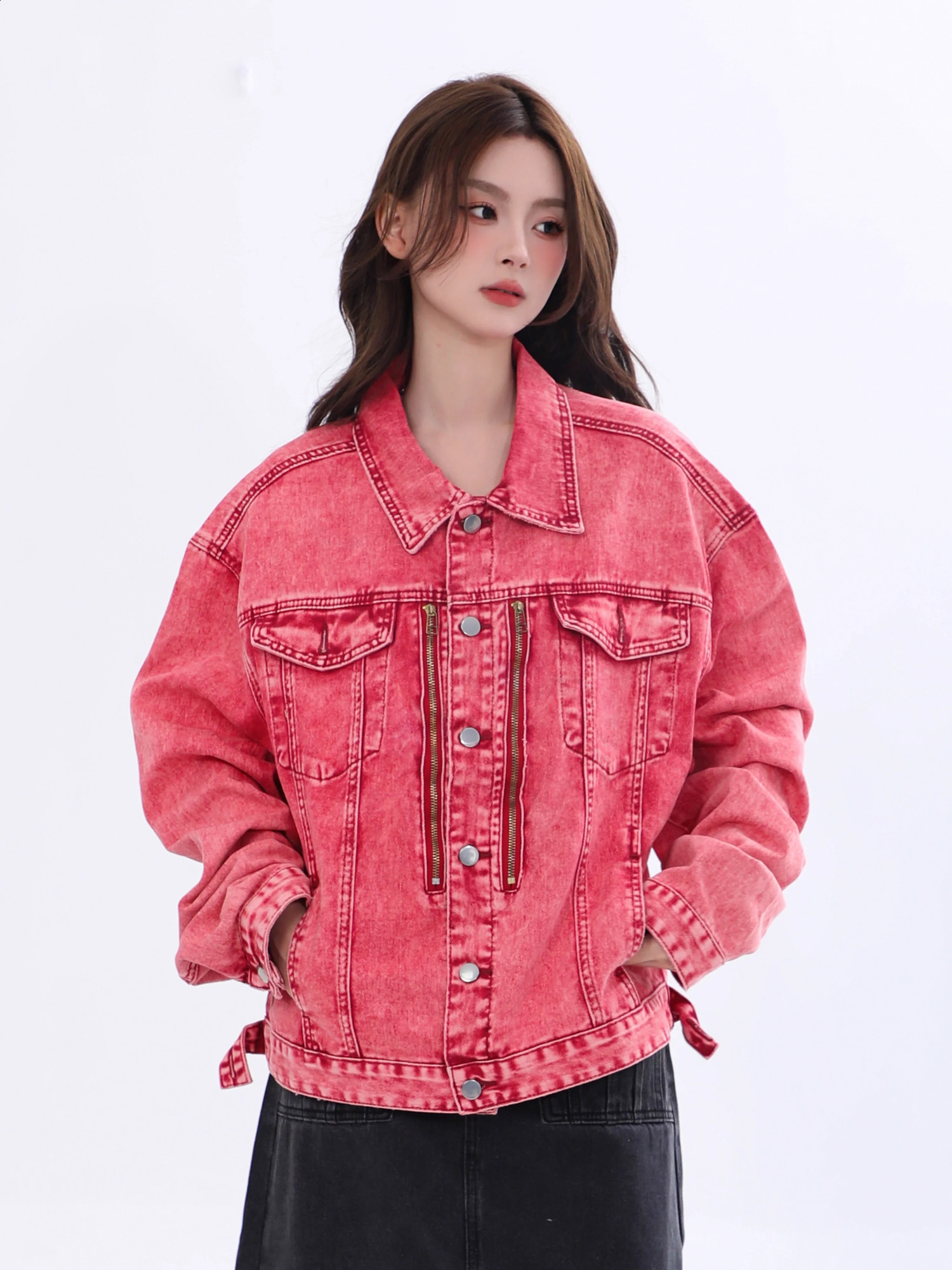 REDDACHiC Y2k Red Distressed Women Bomber Jacket Vintage Wash Zipper Patchwork Demi-season Denim Jacket Korean Vintage Clothes 240814