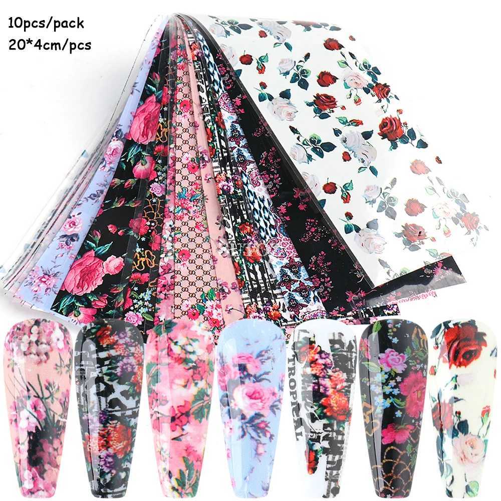 10pcs Floral Transfer Nail Foil Luxury Nail Stickers Rose Flowers Lettering Decals Leopard Starry Paper Manicure Wraps NL3108XJ240814