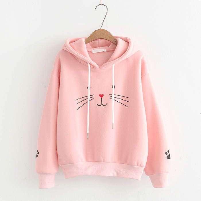 Embroidered face hooded sweatshirt women's autumn and winter student Korean version artistic cat long sleeved plush cute jacket 49463 12858