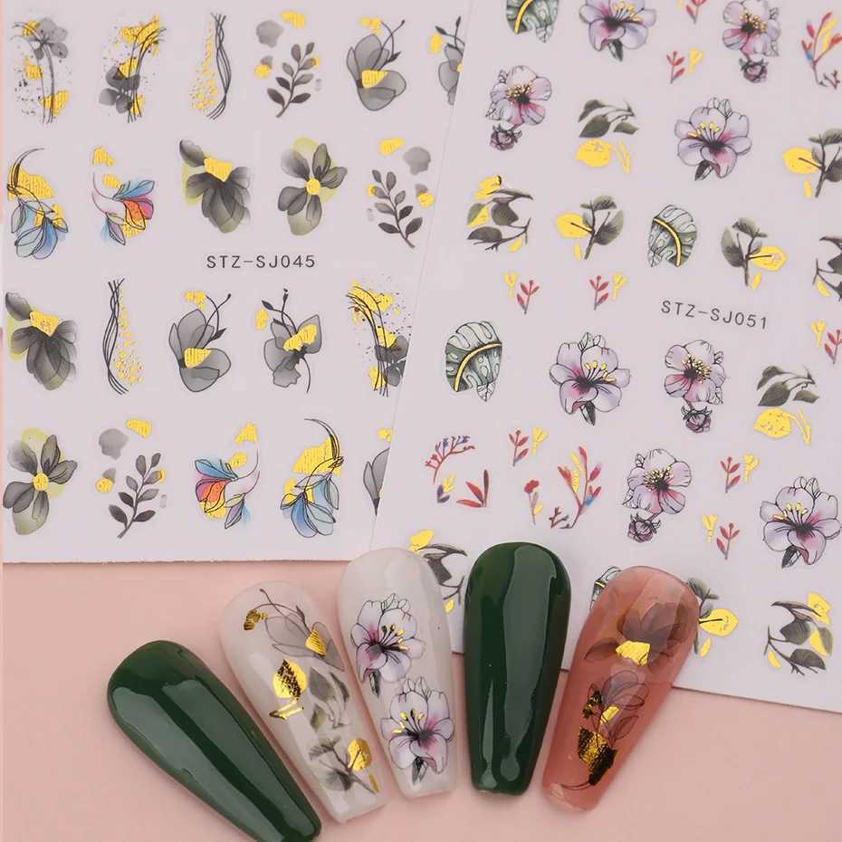 3D Nail Sticker Gold Bronzing Flower Leaves Nail Ink Watermark Geometric Lines for Slider Nail Art Decoration Manicure DesignXJ240814