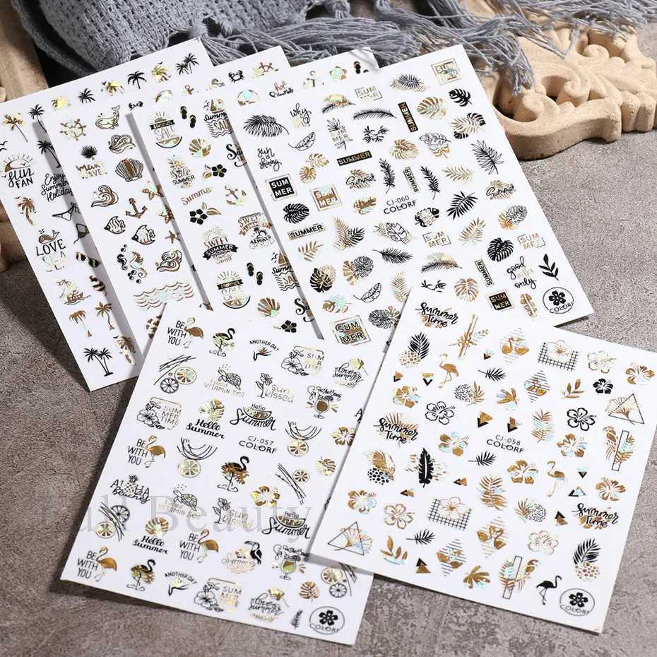 3D Black Gold Coconut Tree Nail Sticker Laser Palm Leaves Flower Sliders For Manicure Summer Beach Ocean Nail Decals DecoXJ240814