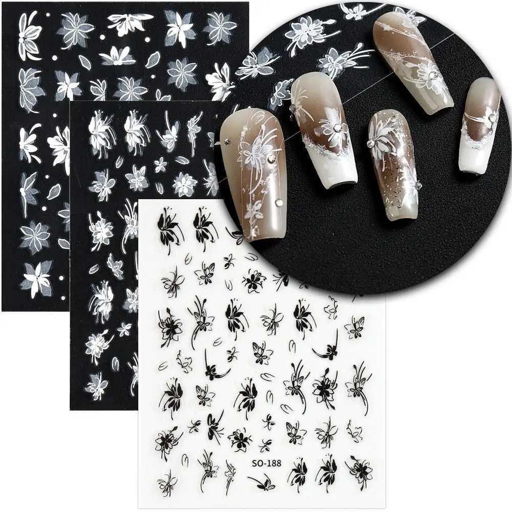 Black White Flower Nail Art Stickers 3D Charm Simple Floral Petal Nail Decoration Adhesive Slider Decals DIY Manicure DecorXJ240814