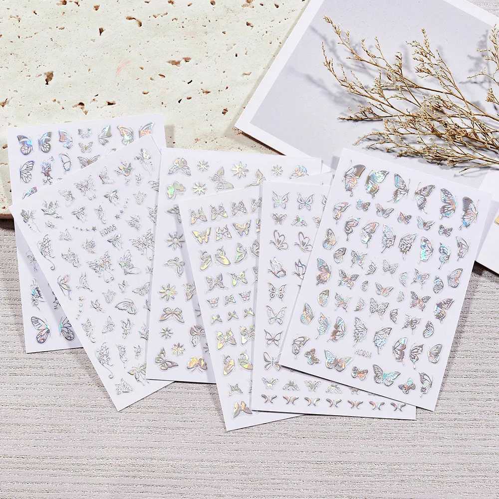 16 Sheets Silver 3D Nail Art Adhesive Sticker Laser Hollow Fly Butterfly Shapes Nail Art Decal Decorations Different Shape SheetXJ240814