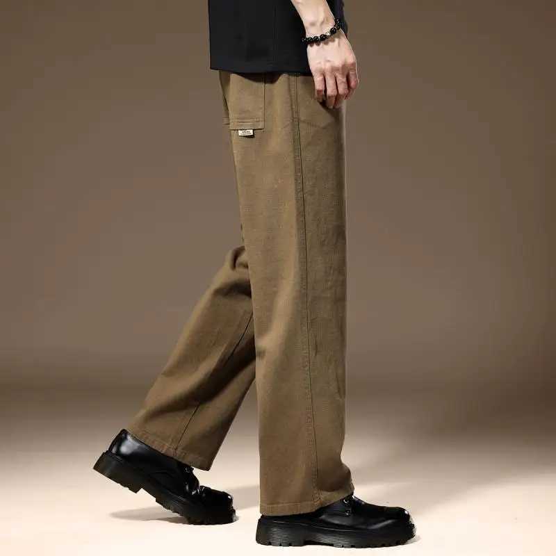 Spring/Summer Solid Color Fashion Straight Pants Mens Street Korean Zipper Pocket Patch Work Wide Leg TrousersW240725