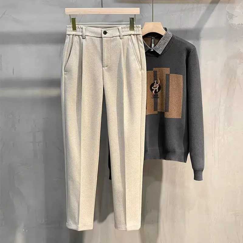 Mens elastic button zipper pleated pocket spliced straight slim fit business casual spring and autumn winter solid color wool pantsW240725