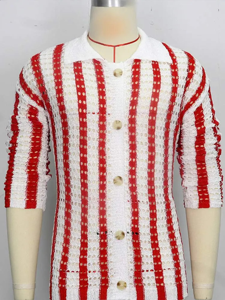 Fashion Hollow Out Knitted Sweater Male Beach See Through Striped Cardigan Sweater 2024 Trendy Long Sleeve Lapel Loose Knit Top 240814