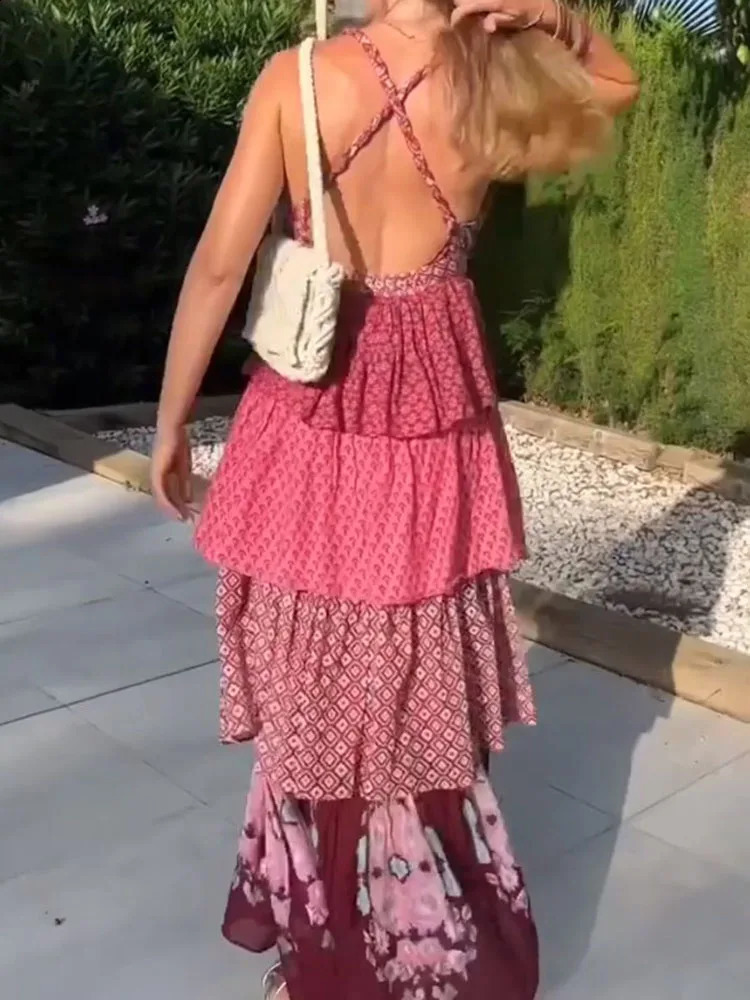 Floral Print Cake Beach Dress Women Elegant Patchwork Strap Sleeveless Backless Midi Dresses Female Summer A-Line Party Robe 240815