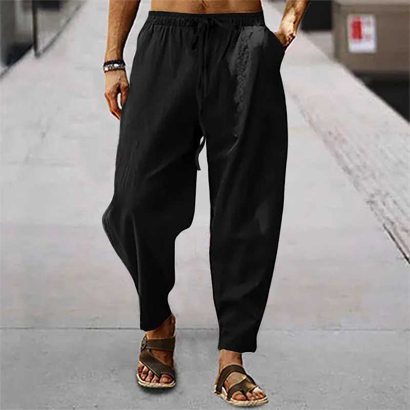 Mens loose casual cotton linen breathable summer pocket pantsW240725