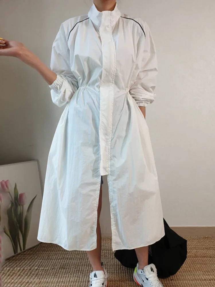 Womens slotted windproof jacket Korean fashion full matching stand collar loose coat autumn summer item 240814