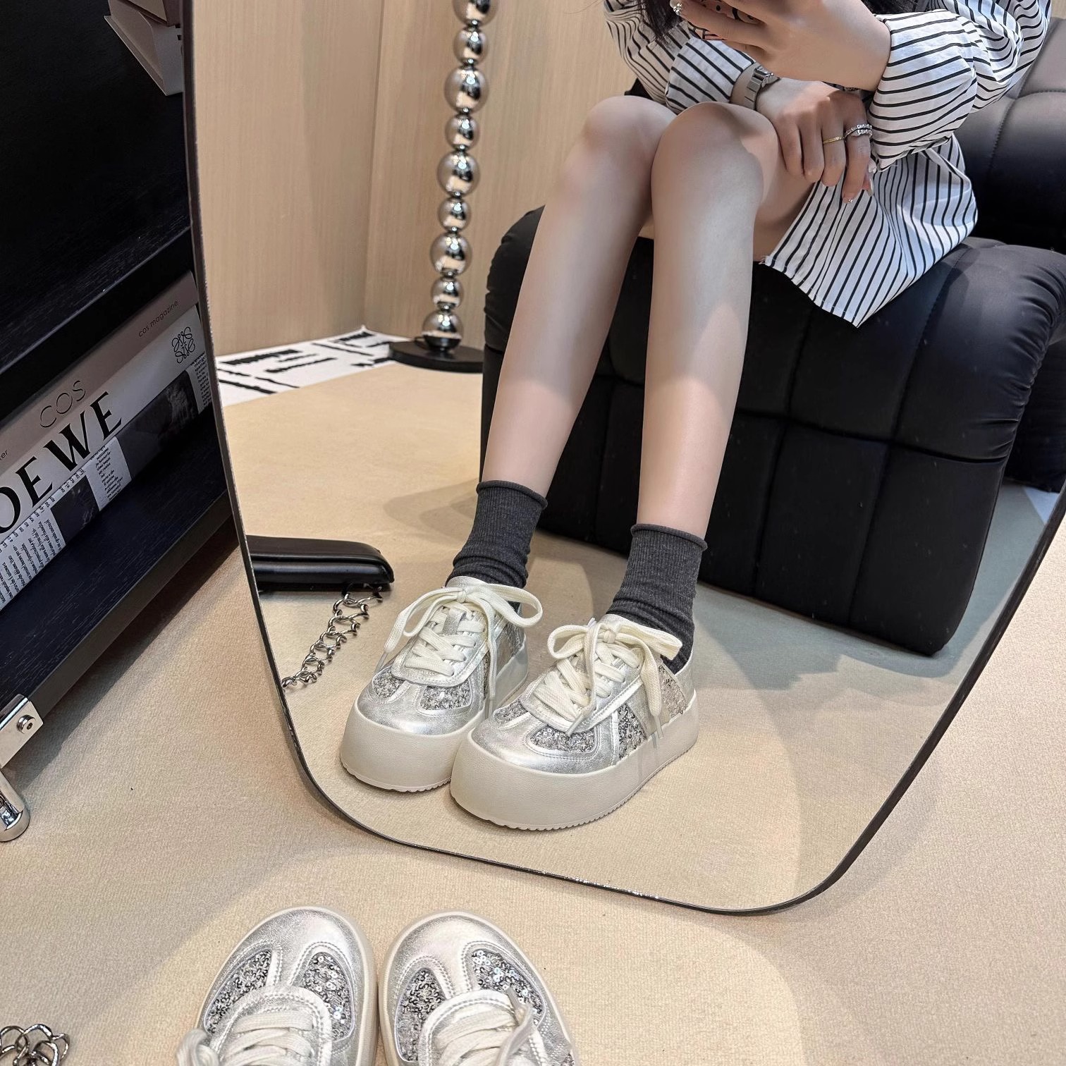 Women shoes Fashion Breathable Thick Sole Casual Shoes Lace Up Silver Free shipping