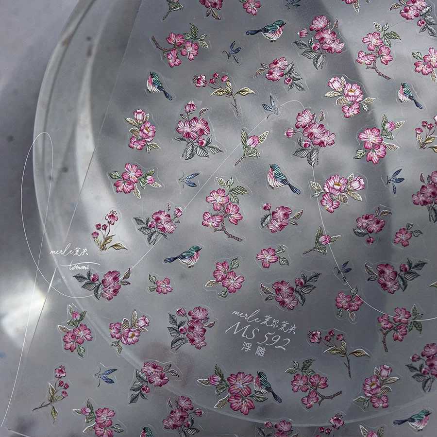 1pcs 5D Embossed Flower Nail Stickers Kawaii Pink Flower Nail Art Charms Decorations Decals DIY Self-Adhesive Slider AccessoriesXJ240814