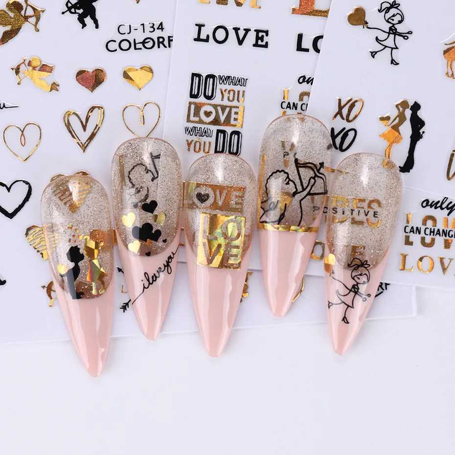 1PCS Black Gold Love Heart Letters 3D Nail Stickers Valentines Day Nail Art Decoration Cartoon Bear Cupid Stickers For NailsXJ240814