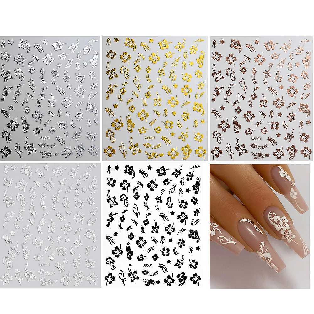 5/8Pcs 3D Hawaiian Flowers Nail Art Stickers Summer Decors with Tropical Leaves Slider Vibrant Pink White Flowers for Parties*XJ240814