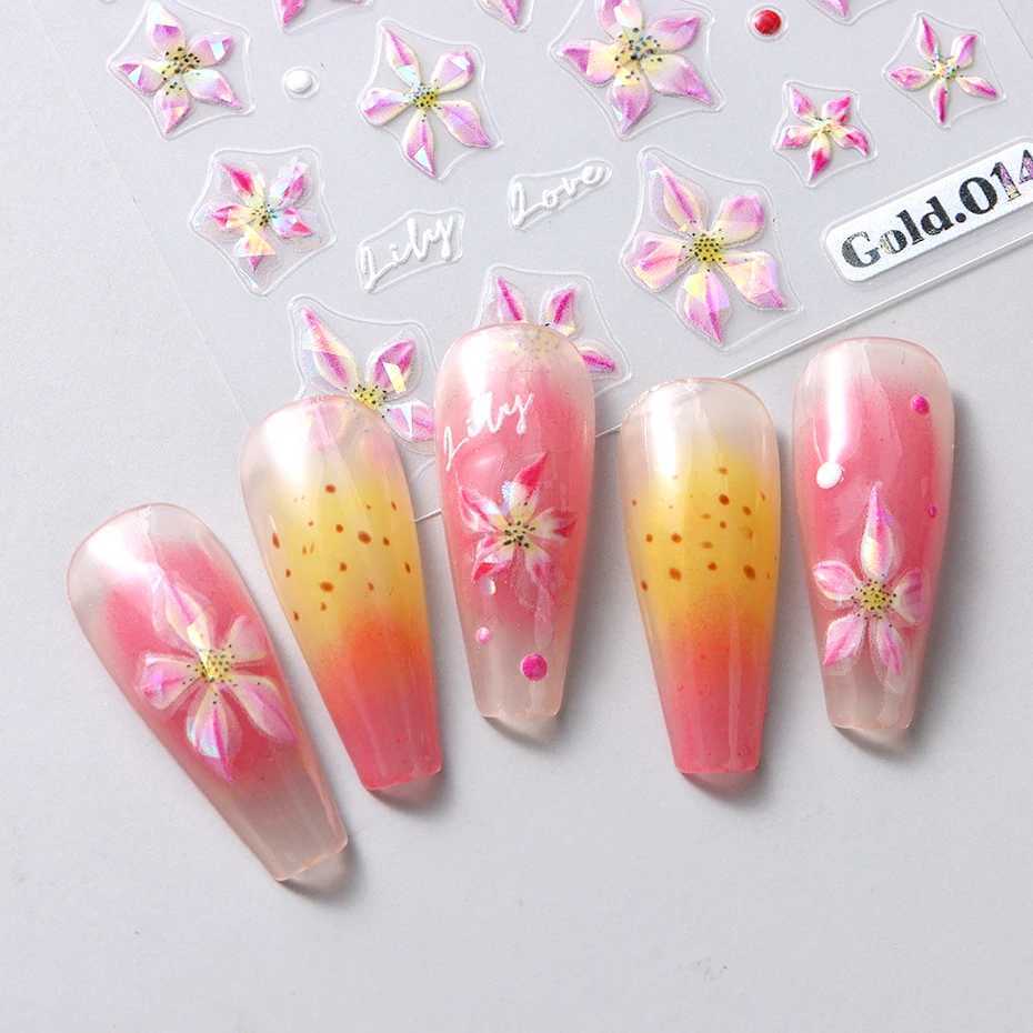 2pcs Aurora Lily Flower 3D Nail Art Stickers Embossed Floral Petals Nail Decals Sparkling Self-Adhesive Sliders Manicure DecorXJ240814