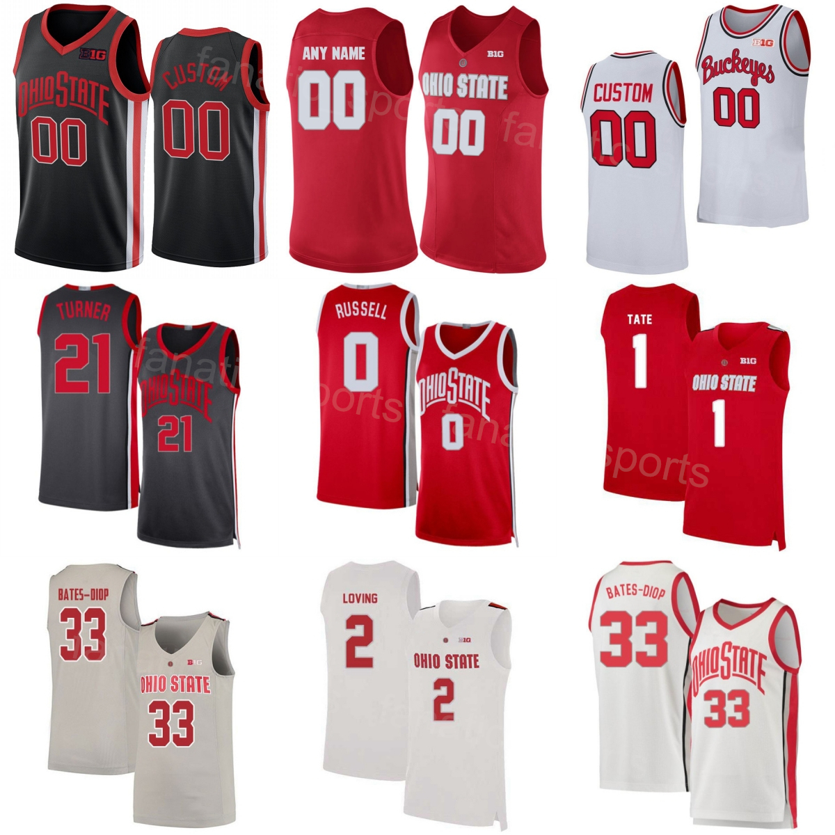 Printed College Ohio State Buckeyes Basketball 1 JaeSean Tate Jerseys University 2 Marc Loving DAngelo Russell 21 Evan Turner 33 Keita Bates-Diop 1 Deshaun Thomas