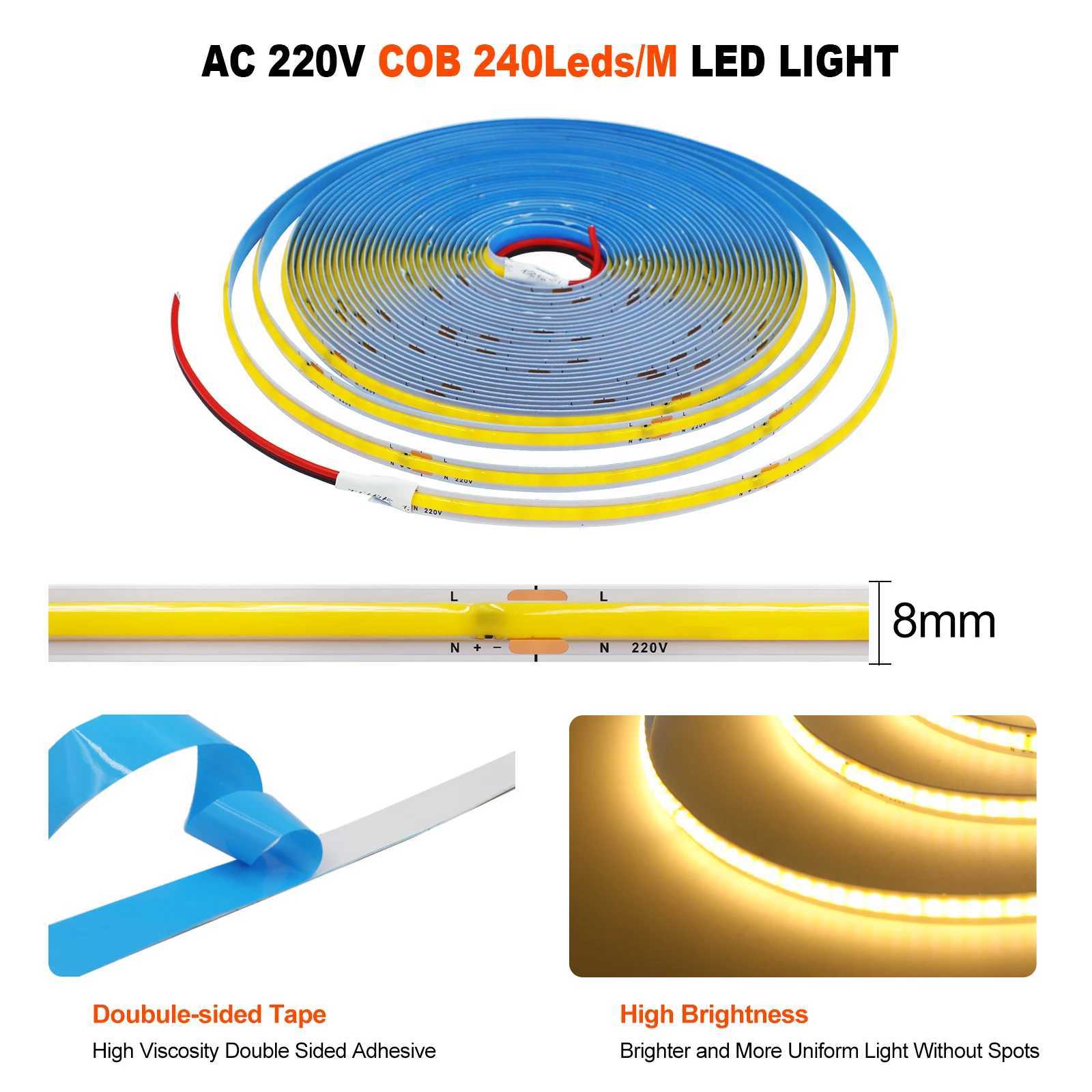 5M 10M AC220V COB LED Strip 240LEDs/m 8mm PCB Adhesive High Density Linear Lighting COB Light Bar White/Warm White/Natural White CL240815