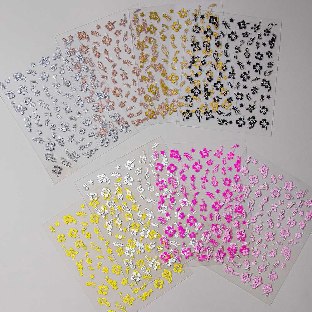 1pc 3D Hibiscus Flowers Nail Sticker White Black Flower Petals Adhesive Decals Pink Golden Floral Slider For Nail Art DecorationXJ240814