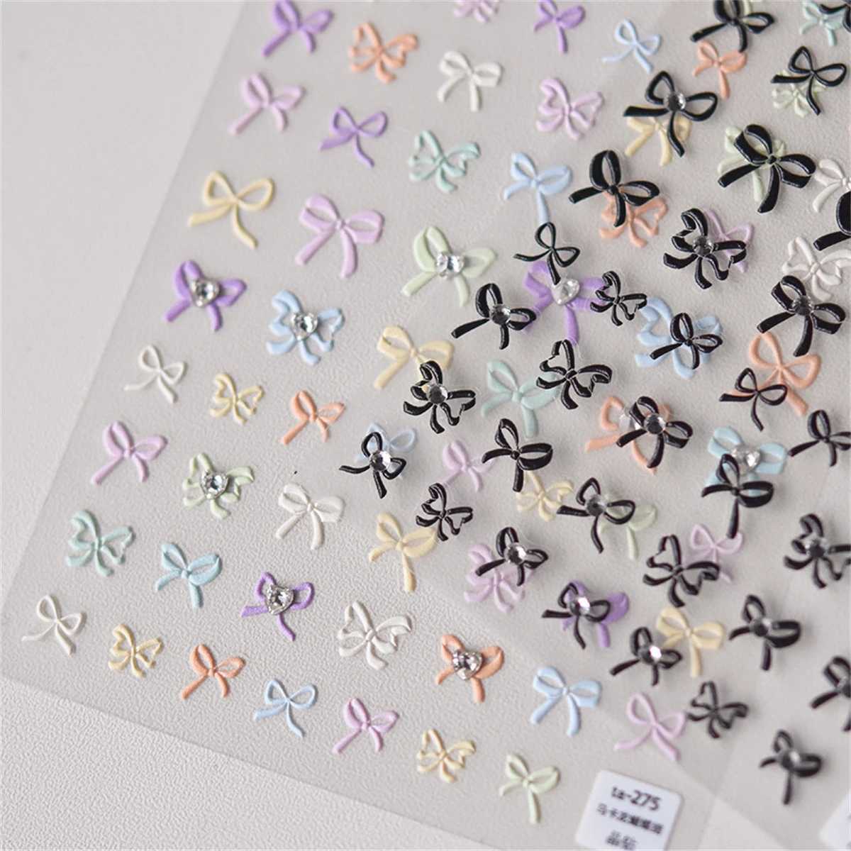 1sheet Japanese Kawaii Colorful White Line Bowknot 5D Black Self Adhesive Nail Art Decorations Stickers Ribbon Cute Decals DIYXJ240814