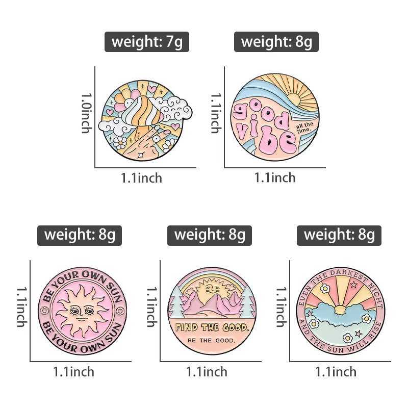 Cartoon circular landscape enamel badge sun mushroom mountain flower interesting English letters Alloy Brooch Versatile Jewelry W240815