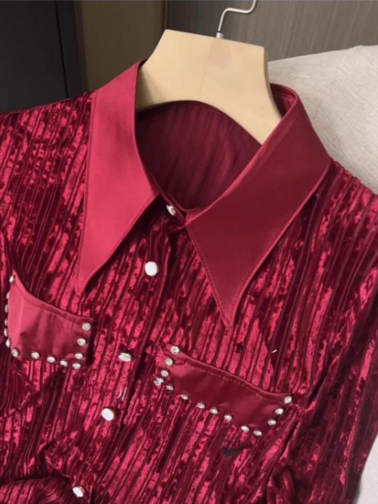 Spring Office Womens Velvet Shirt Single Chest Fashion Diamond Long Sleeve Collar Casual 240814
