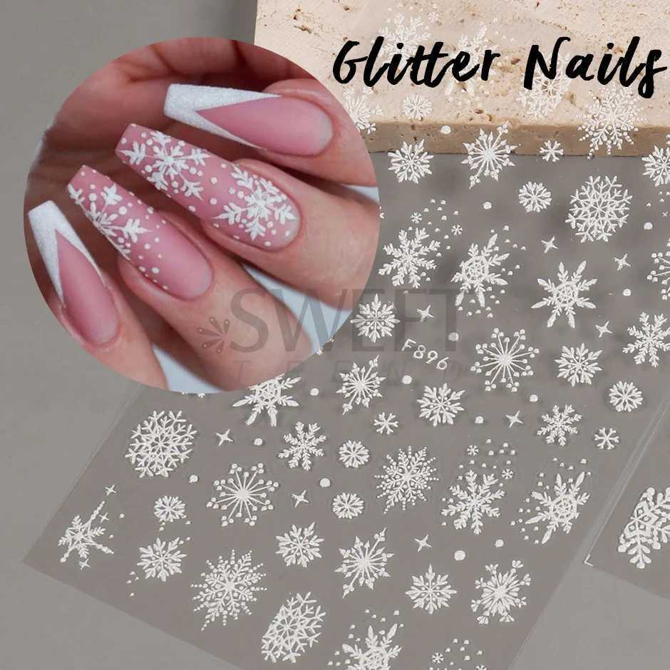 White Snowflakes Winter Festive Stickers Nail Art Decoration Decals Glitter Snowman/Elk/Snow Charms Xmas Manicure 2023 JIF896XJ240814