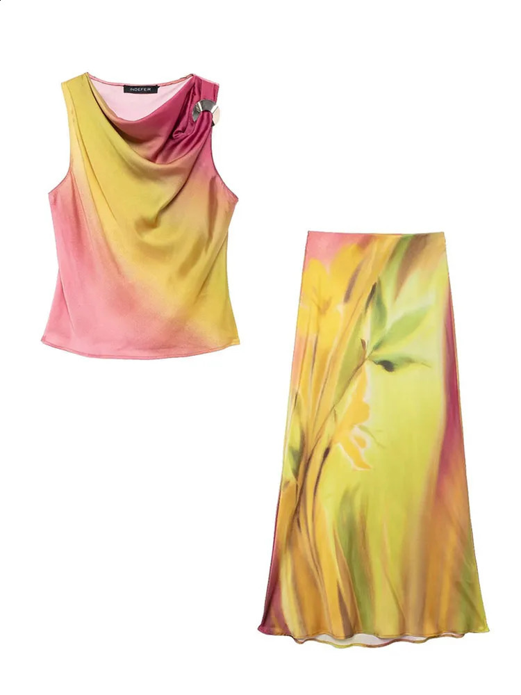 TRAFZA Fashion Women Skirt Suit Tie Dye Folds Metal Decorate Sleeveless Slim Top Elegant Chic Printed Midi Skirt Mujer 240815