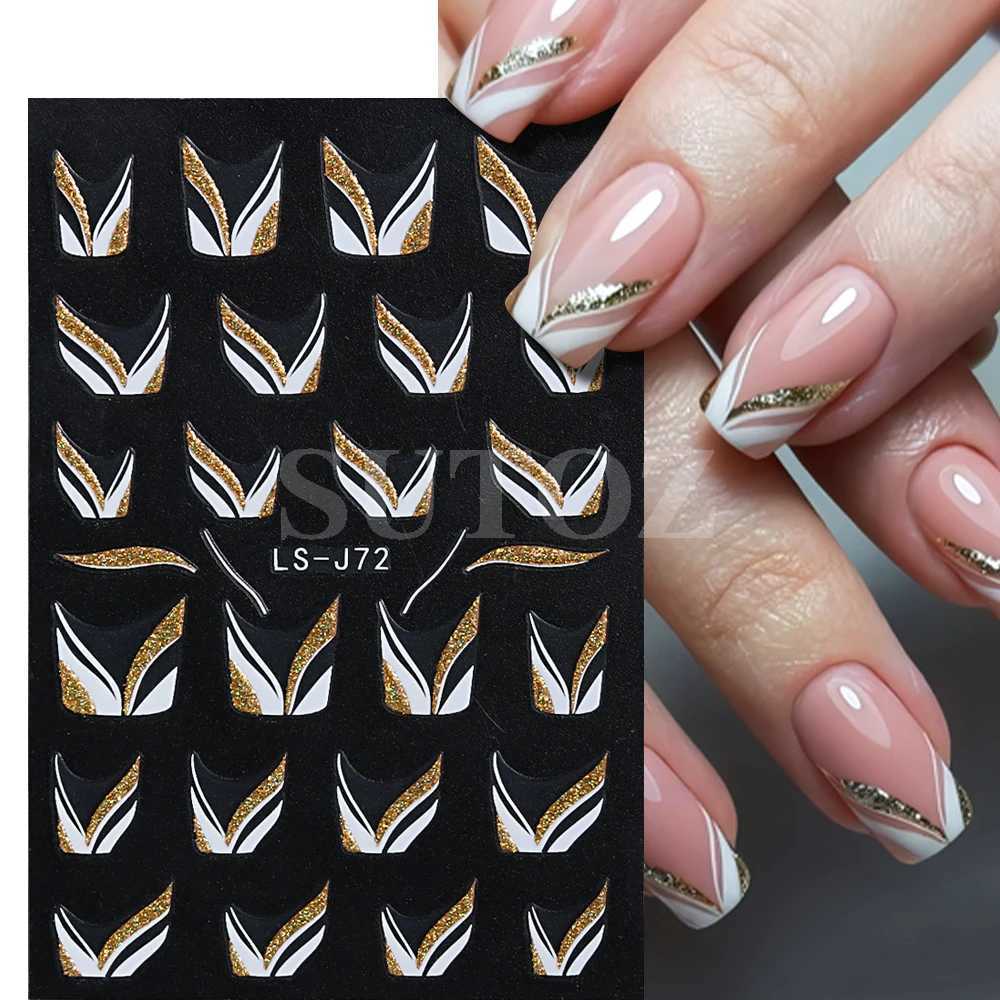 Gold Glitter French Design 3D Nail Stickers Curve Lines Swirls Wave Nails Art Sliders Reflective Flakes Decals Manicure LELS-J72XJ240814