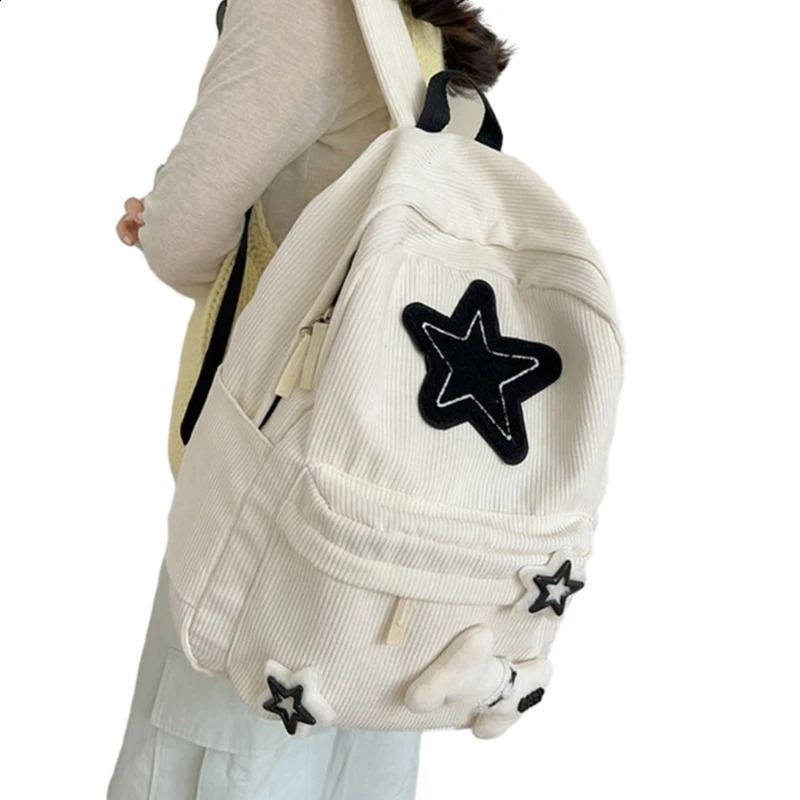 School Bags Double Strap Shoulder Bags with Star Pattern Backpack for Student Large Capacity Corduroy Book Bag 240813
