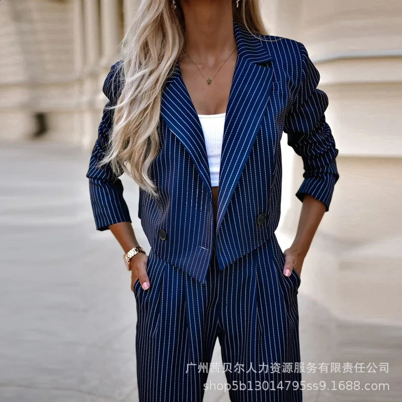 Womens twopiece long sleeved lapel with open collar loose and pocket striped office ladies 240809