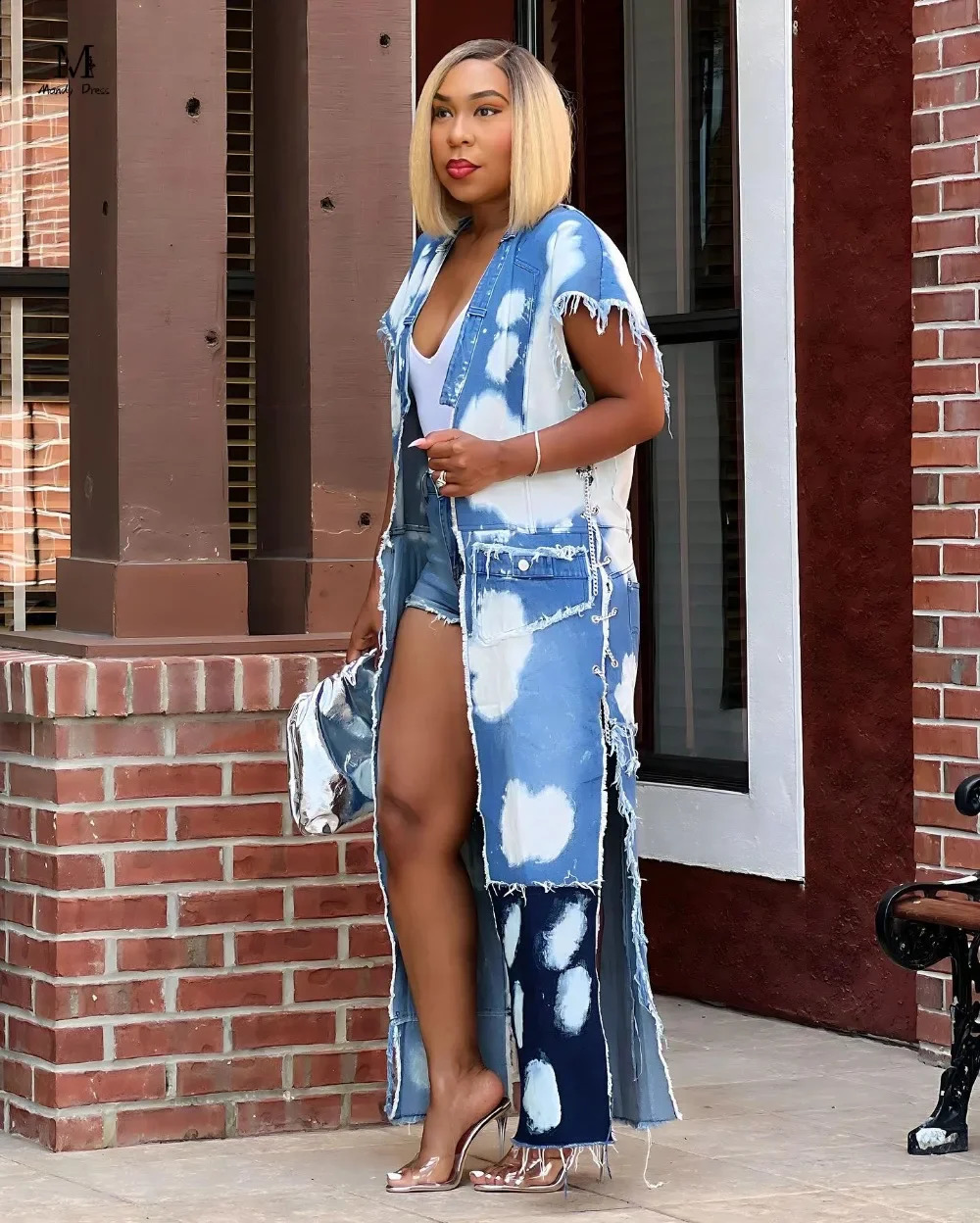 Streetwear Women Long Jacket Sleeveless Chain Patchwork Slit Y2K Clothes Fashion Cotton Washed Denim Coats 240814