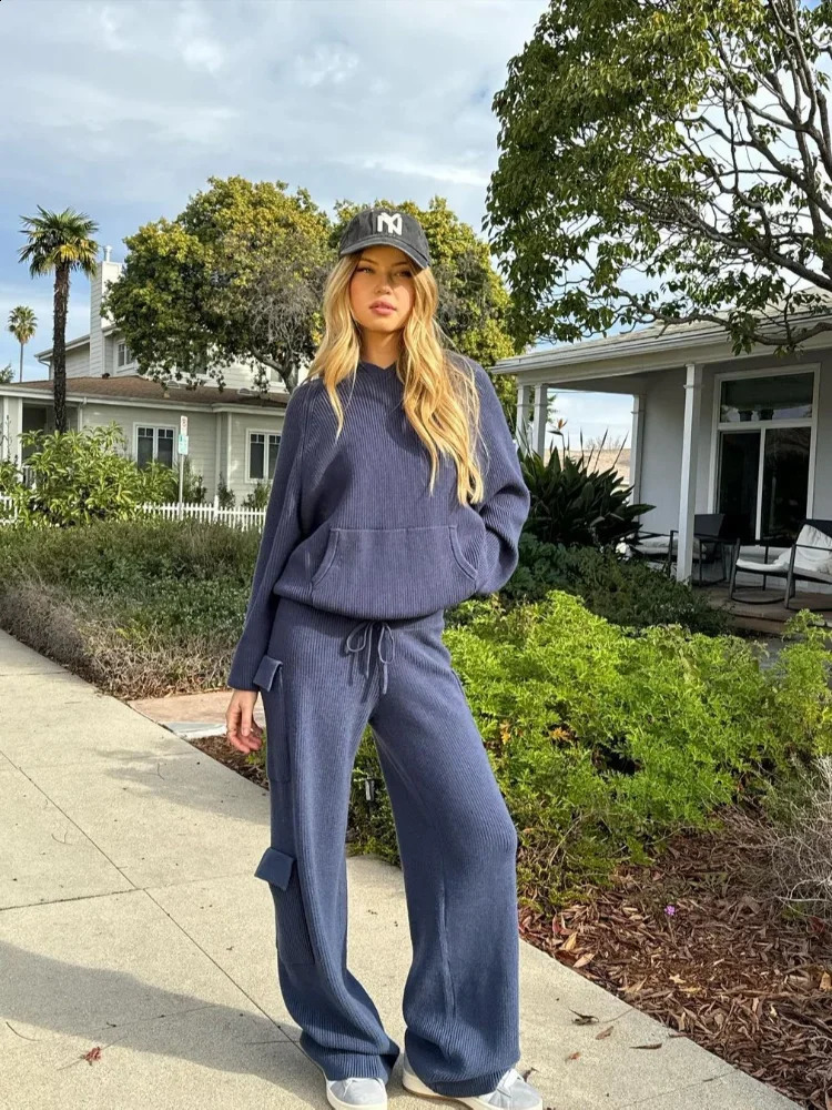 Women Rib Knit Pocket Round Neck Sports Casual Hoodies Set Fashion Straight Pants Elastic Waist Suit 2024 Lady Casual Streetwear 240814