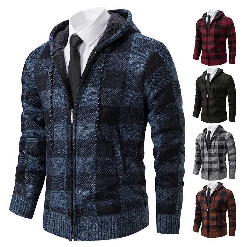 Autumn Winter Mens Cardigan Fashion Plus Velvet Padded Knit Jumpers Male Sweater Hooded Plaid Korean Luxury Brand CoatXJ240814