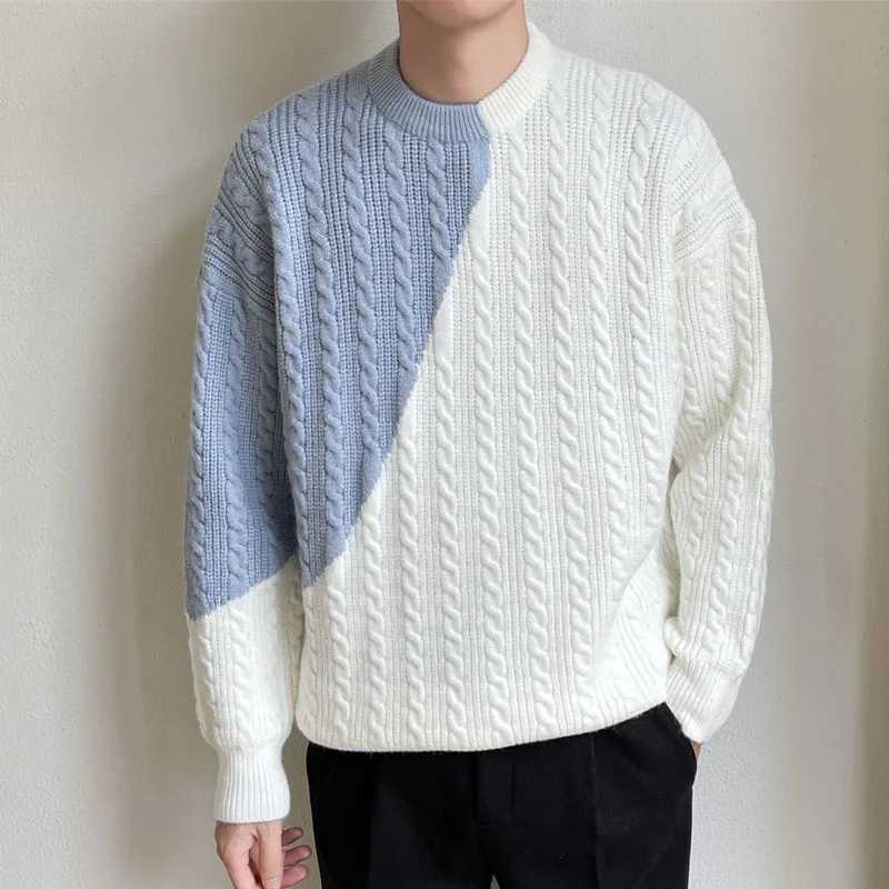 Winter Fashion Trend Color Contrast Round Neck Fried Dough Twists Loose Versatile Handsome Thickened Mens Long Sleeved SweaterXJ240814