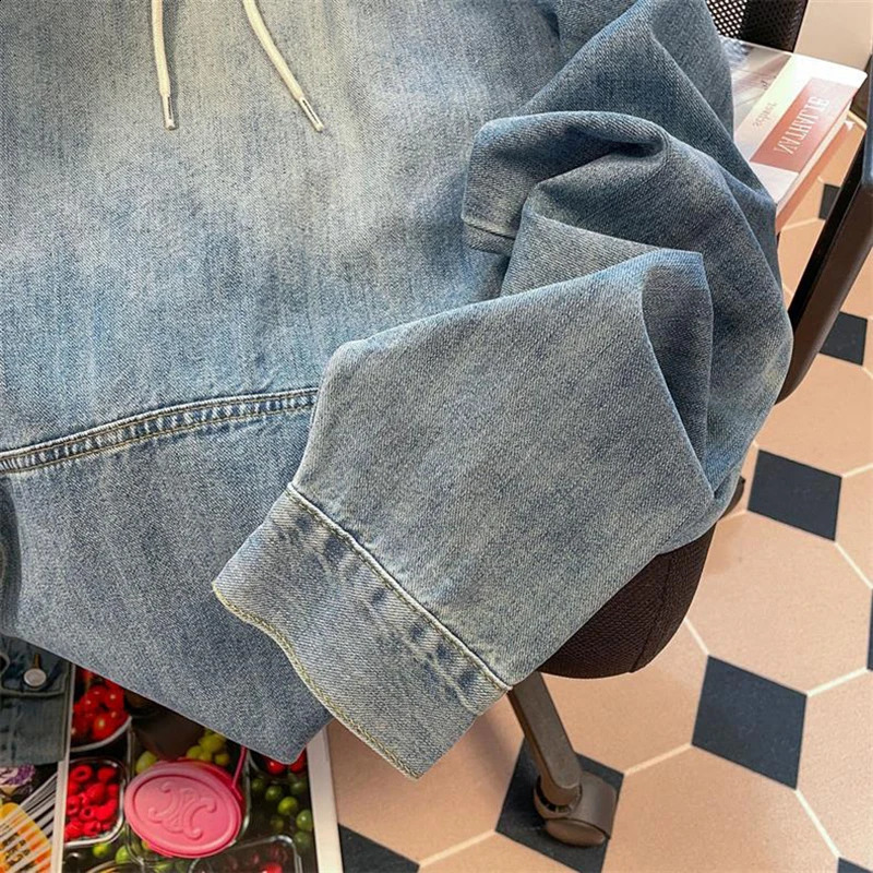 Retro Casual Denim Jacket Womens Fashion Korean Sweatshirt Hooded Loose Sleeve Street Apparel Coat Y2k Top Ropa Mujer 240815