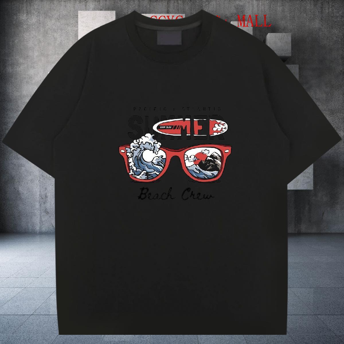 Loose Fit Men Tees High Street Hip Hop 230g Cotton White Plus Size Crew Neck sea wave T Shirts Men Customized Tops