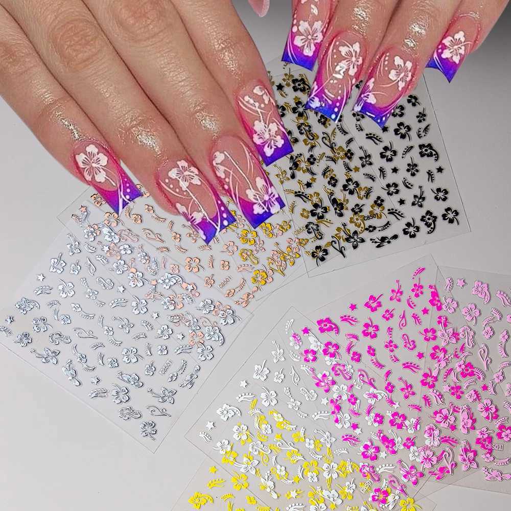 1pc 3D Hibiscus Flowers Nail Sticker White Black Flower Petals Adhesive Decals Pink Golden Floral Slider For Nail Art DecorationXJ240814
