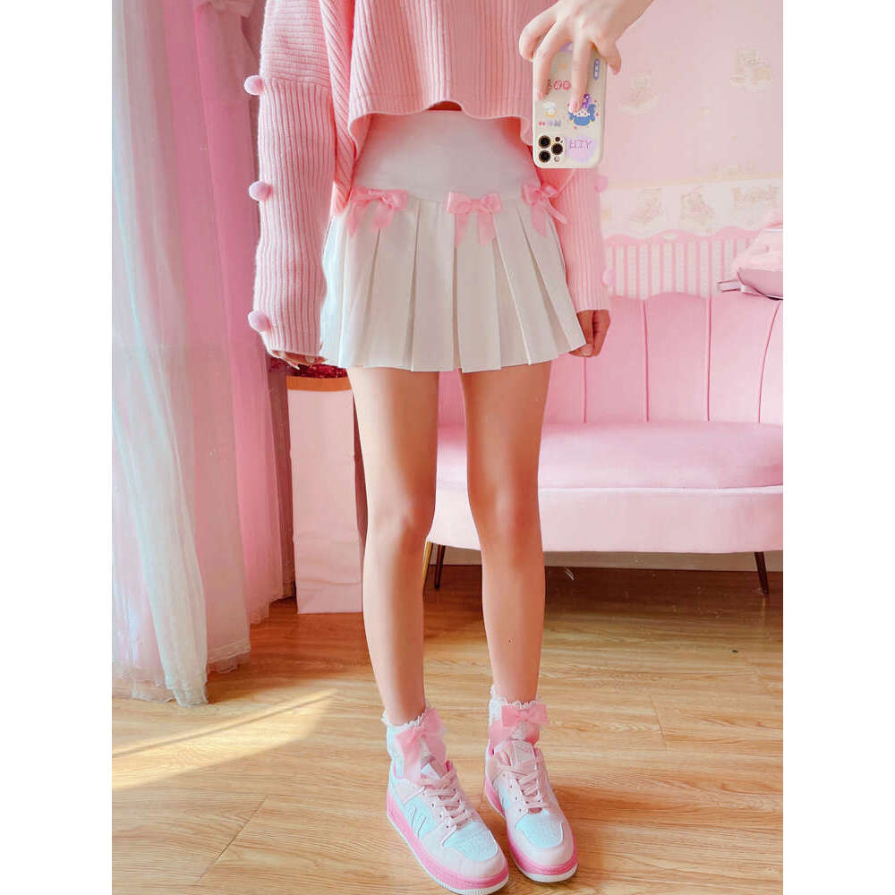 Kawaii Autumn Bow Pleated Mini Skirt Women Korean Fashion School Girls Uniform High Waist Skater Tennis Flare White Short Skirts s