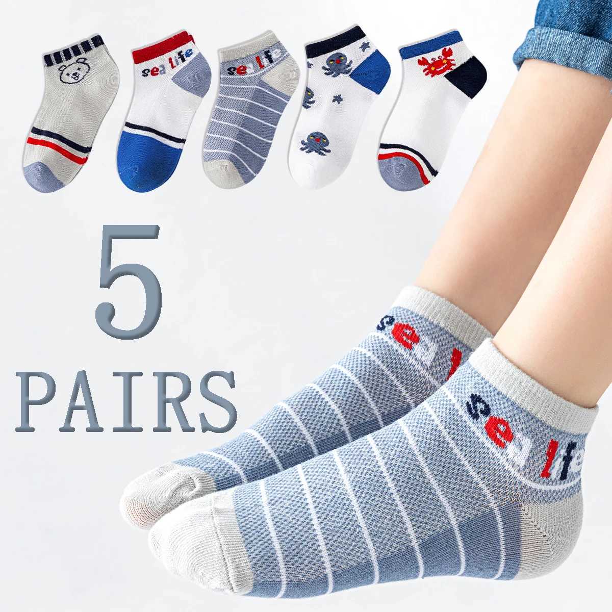 5 pairs of crab bear pattern daily breathable socks for boys and girls spring and summer cartoon net sweat proof socks W240814