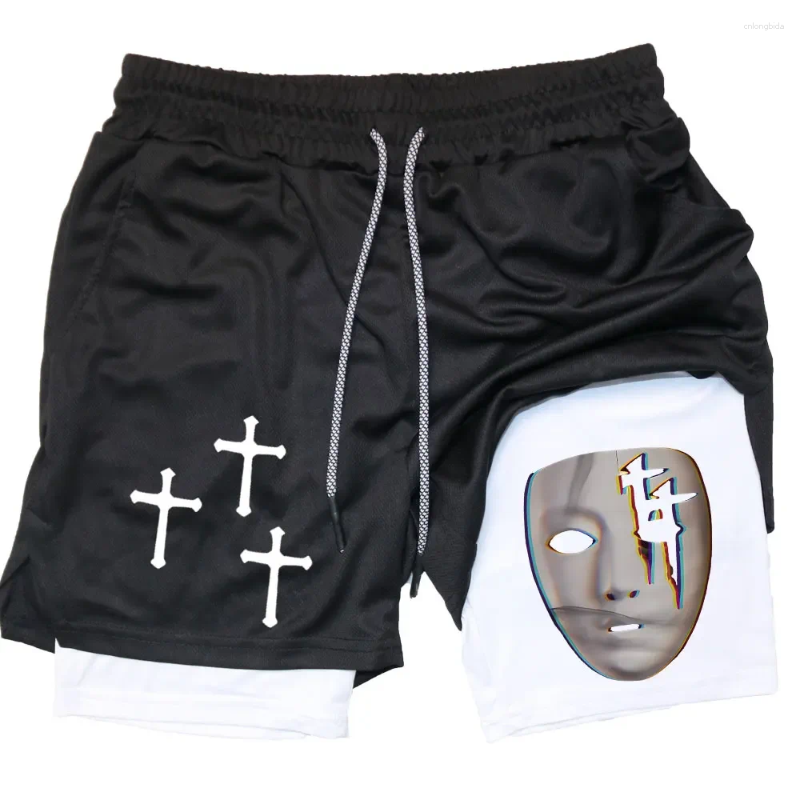 Mens Shorts Cross Print 2 In 1 Compreesion For Men Gym Workout Running Athletic Performance With Pockets Activewear