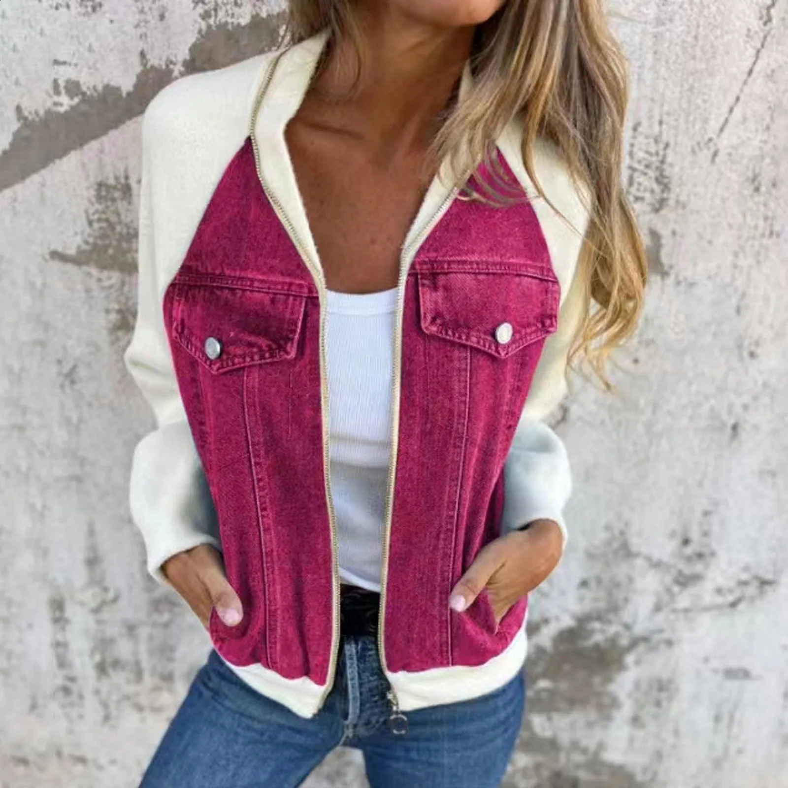 Women Autumn Winter Fashion Denim Jacket Patchwork Cropped Jacket Casual Wipe Shoulder Sleeve Jacket American Retro Loose Jacket 240814