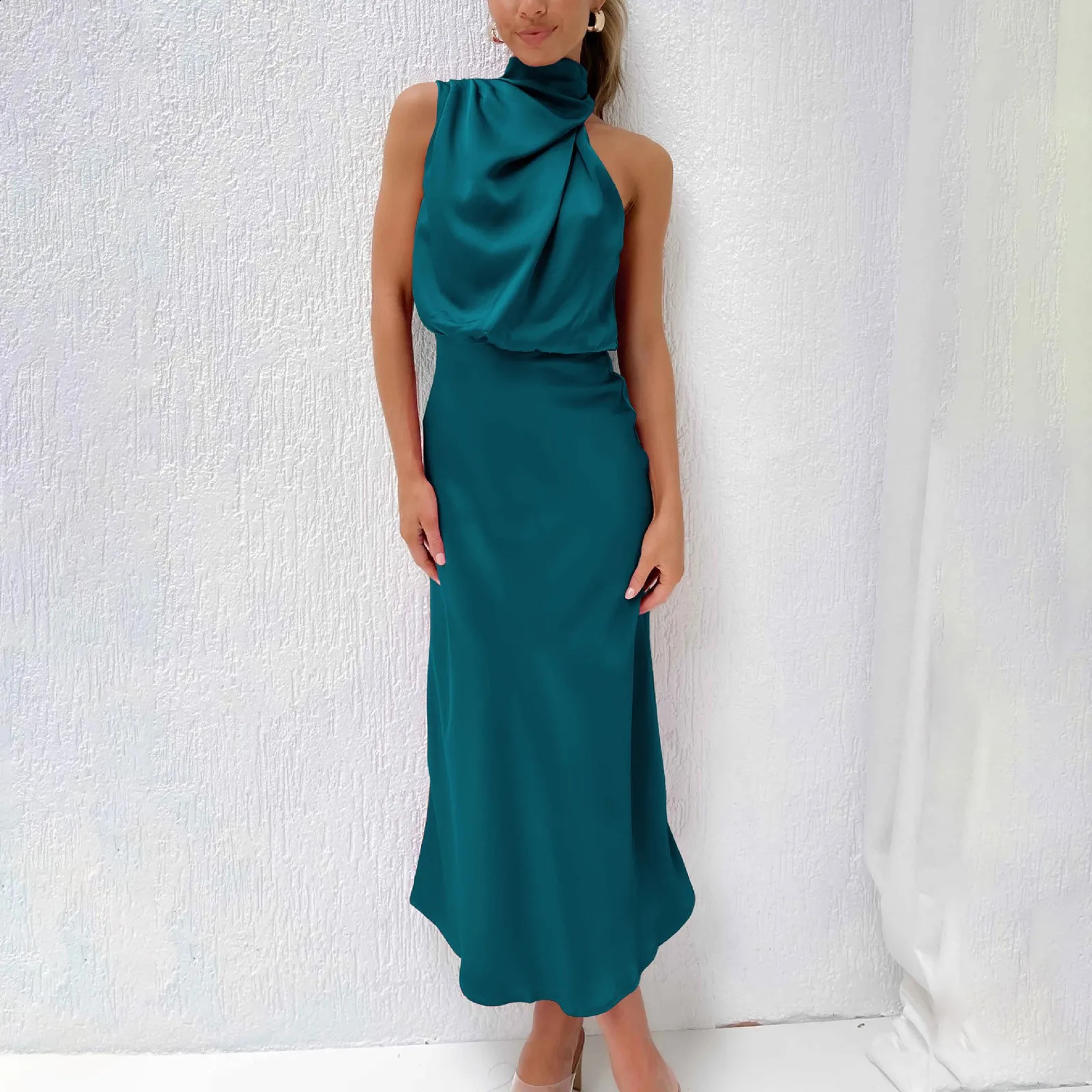 Women Halter Satin Silk Dresses Summer Sexy Champagne Green Evening Party Elegant Maxi Dresses For Women Formal Occasion Dresses 240815
