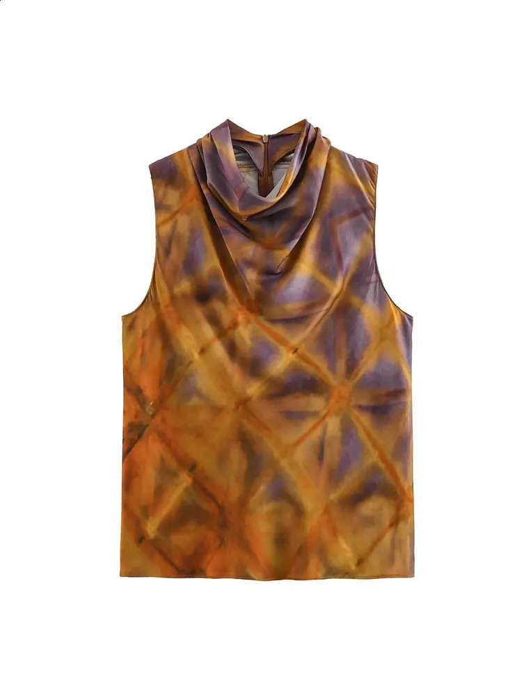 Tinsonan ONeck Sleeveless Back Zipper Top Front Folded Pants Casual Womens Printed Two Piece Set 240814wtt