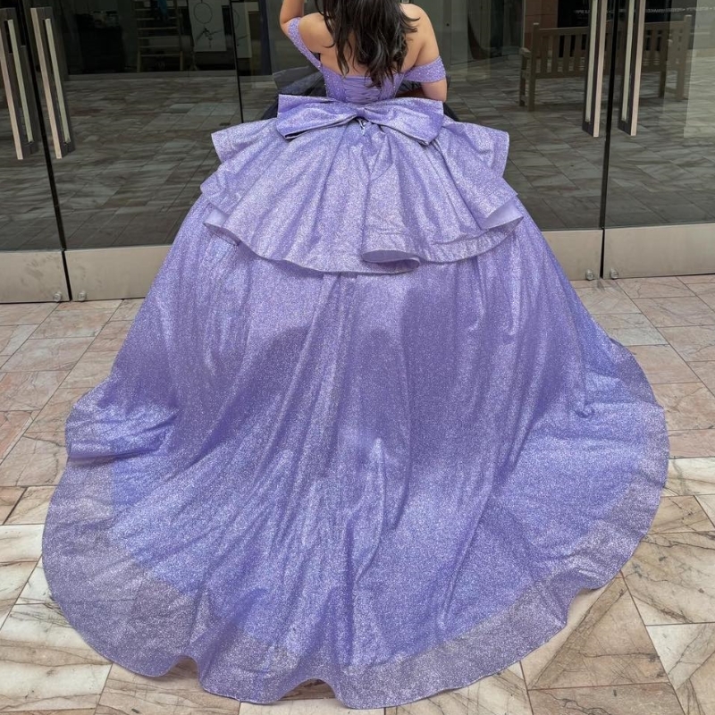 Lavender Shiny Quinceanera Dressess Ball Gowns 2024 Off The Shoulder Beads Crystal Tull Sweet 16 Dress Vestidos De 15 Anos