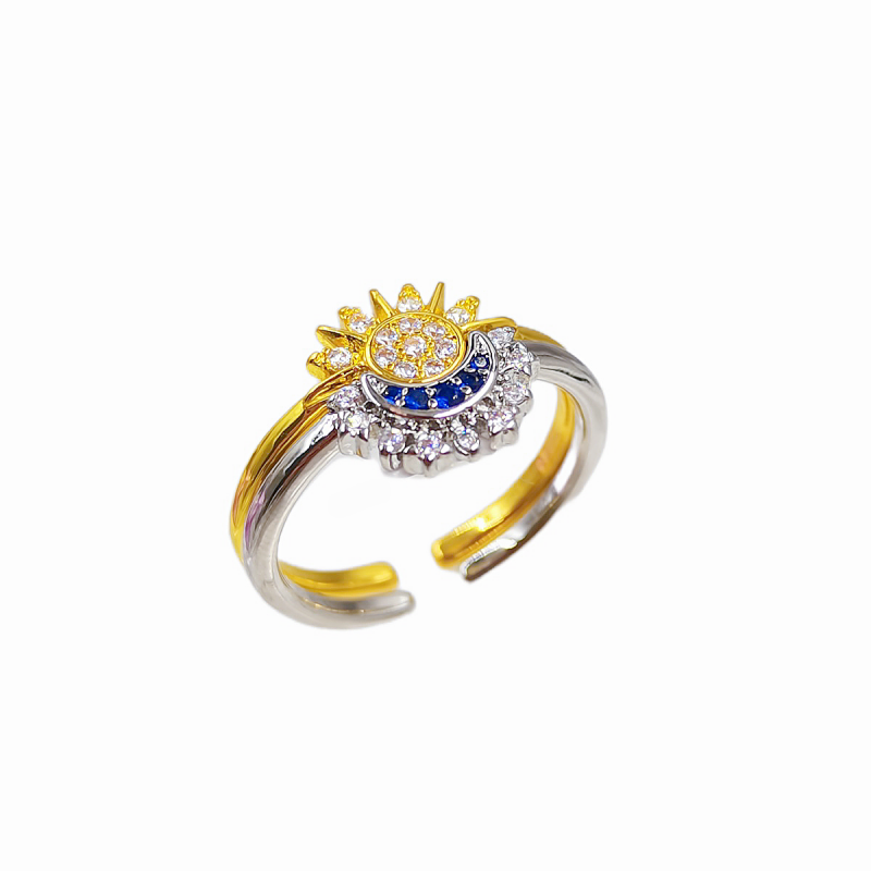 Designer ring cross-border burst paragraph Europe and the United States hot sale simple shiny sun moon blue diamond stacked celestial couple open ring